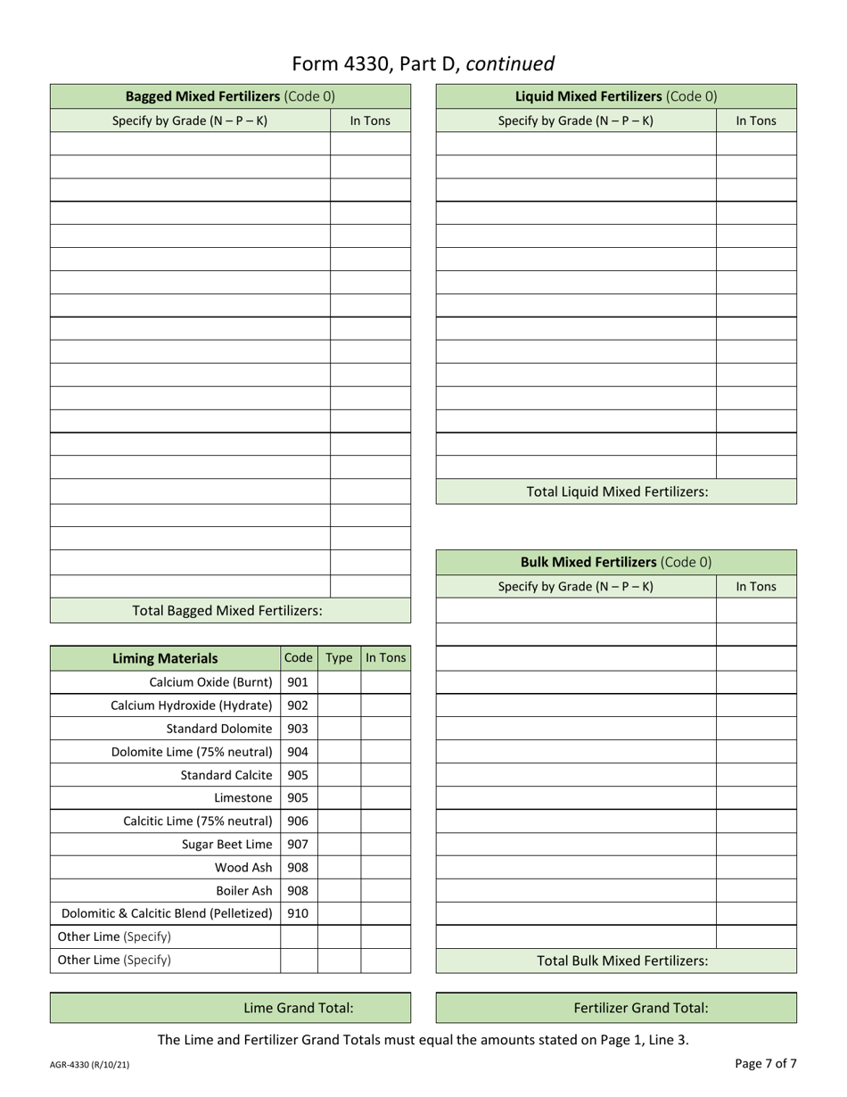 Form AGR-4330 Annual Commercial Fertilizer Tonnage Report - Washington, Page 7