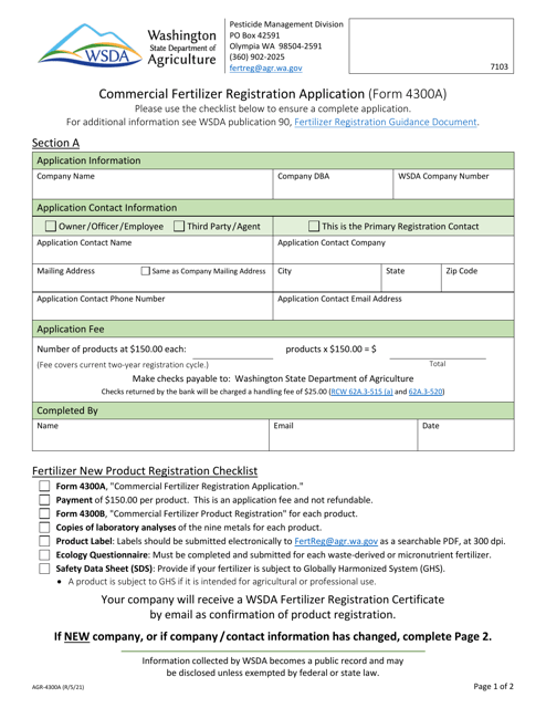 Form AGR-4300A Commercial Fertilizer Registration Application - Washington