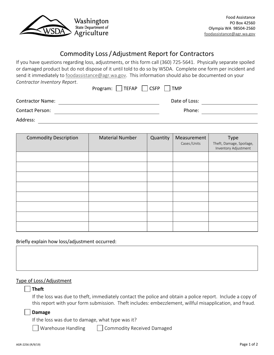 Form AGR-2256 Commodity Loss / Adjustment Report for Contractors - Washington, Page 1