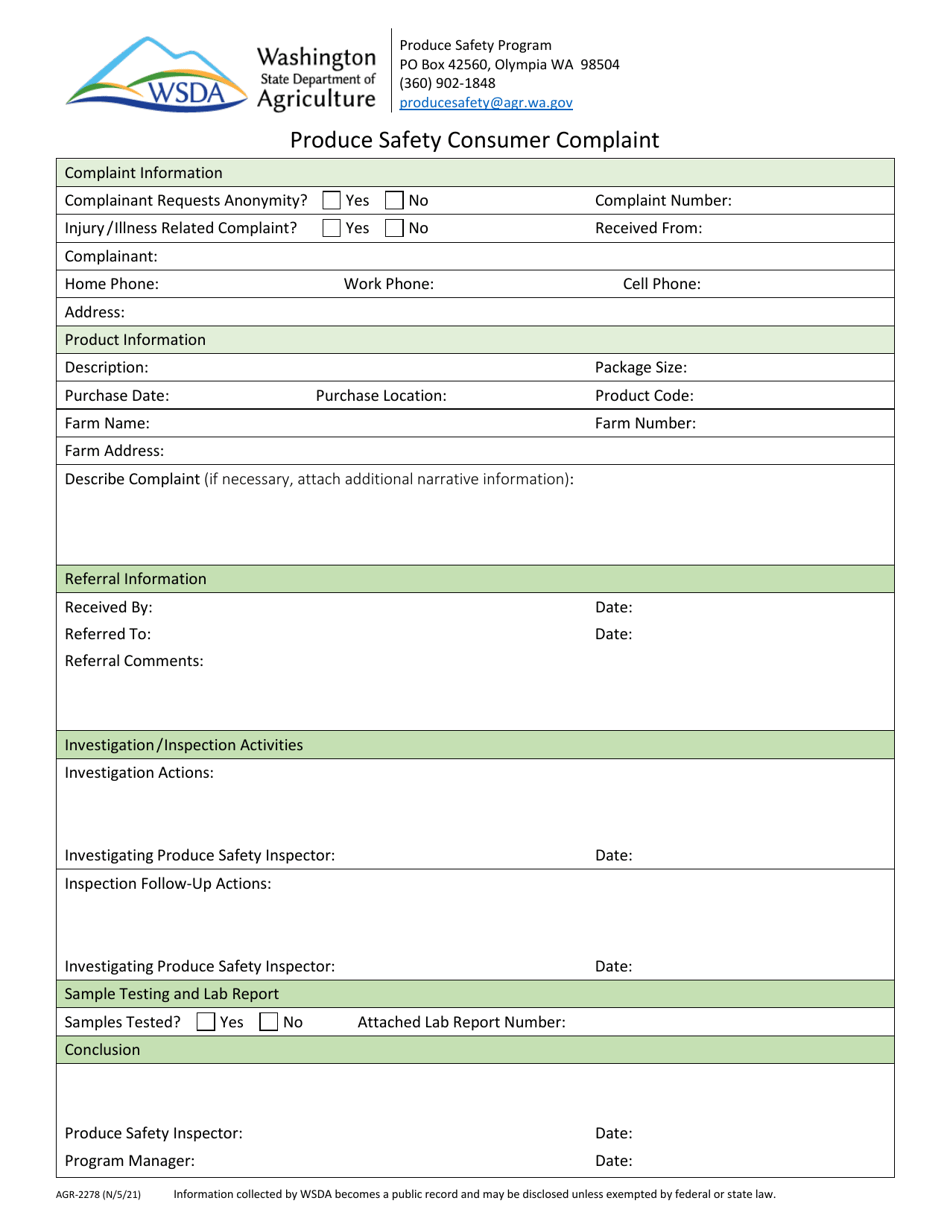 Form AGR-2278 Produce Safety Consumer Complaint - Washington, Page 1