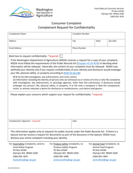 Document preview: Form AGR-3305 Consumer Complaint - Complainant Request for Confidentiality - Washington