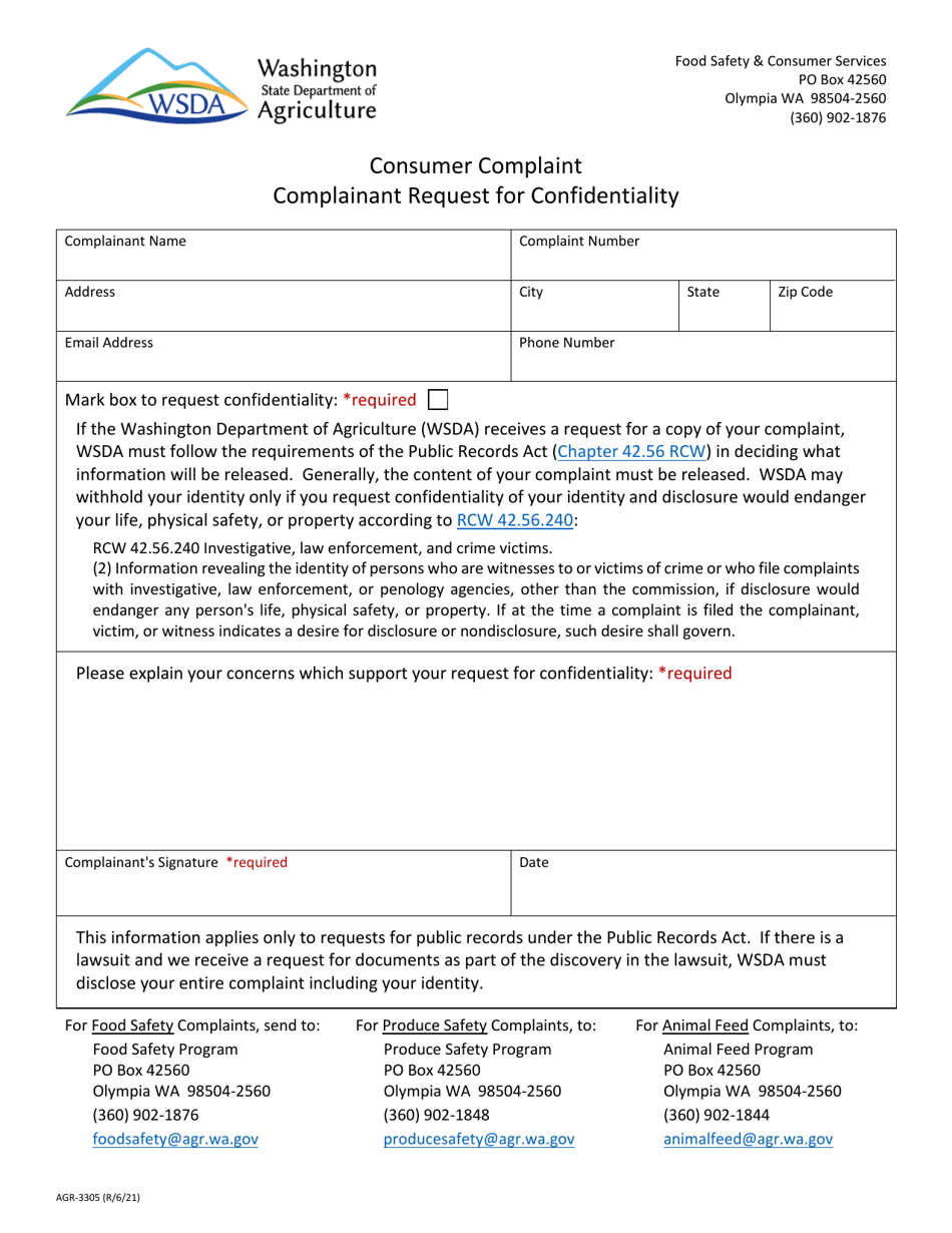 Form AGR-3305 Consumer Complaint - Complainant Request for Confidentiality - Washington, Page 1
