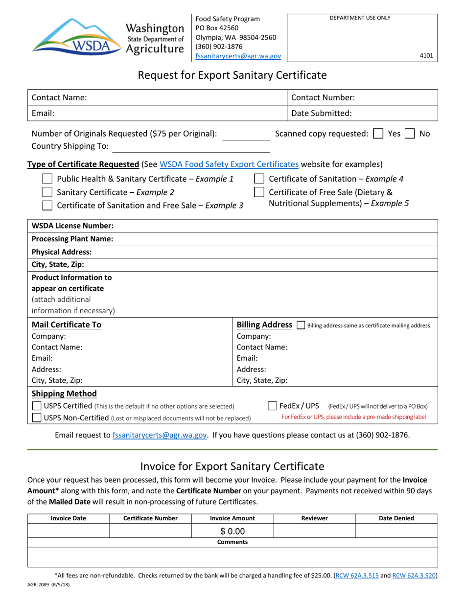 Form AGR-2089 Request for Export Sanitary Certificate - Washington, Page 1