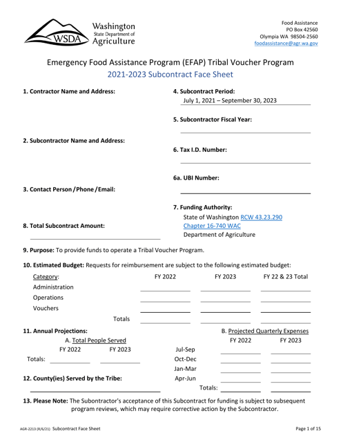 Form AGR-2213 Emergency Food Assistance Program (Efap) Tribal Voucher Program Subcontractor Information - Washington, 2023