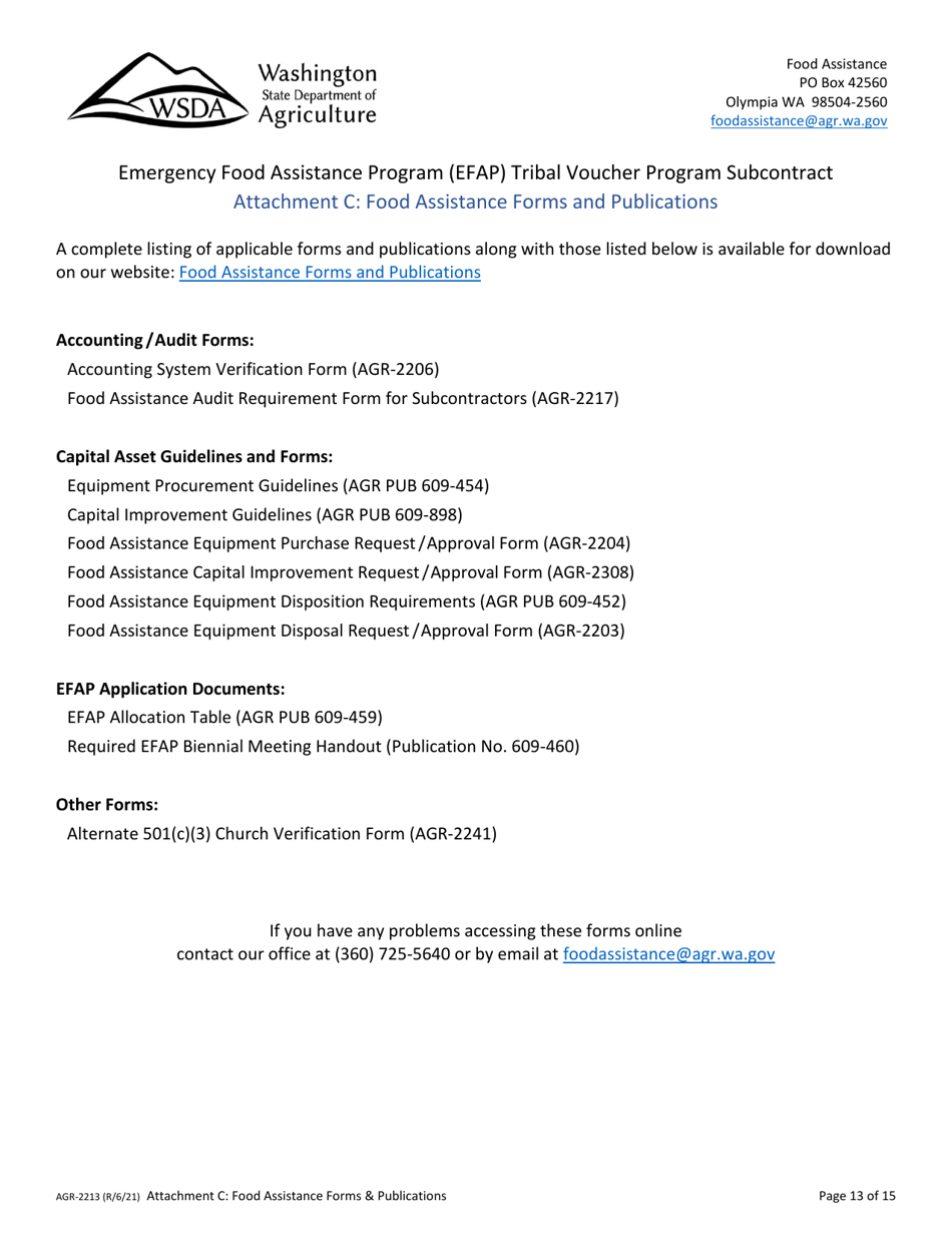 Form AGR-2213 Emergency Food Assistance Program (Efap) Tribal Voucher Program Subcontractor Information - Washington, Page 13