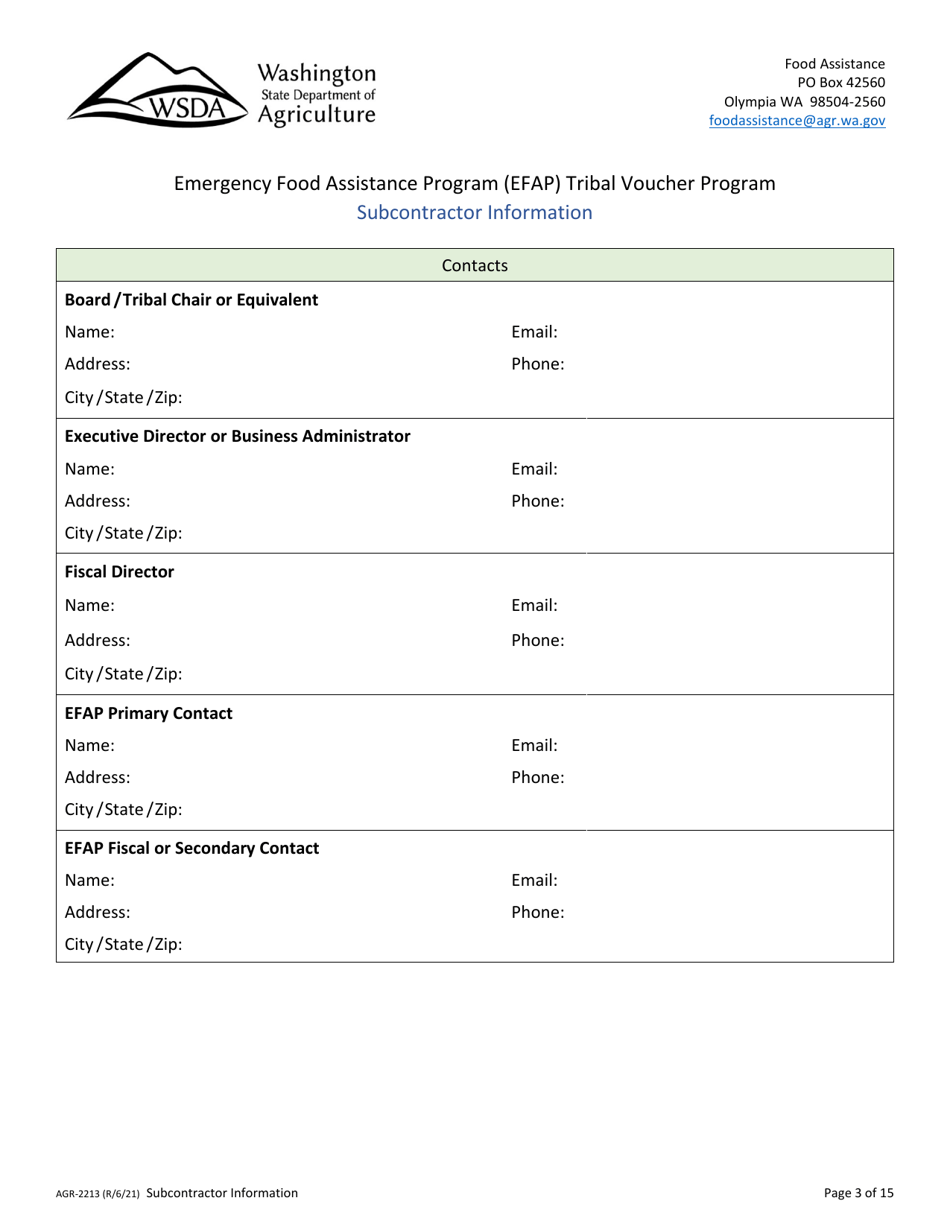Form AGR-2213 Emergency Food Assistance Program (Efap) Tribal Voucher Program Subcontractor Information - Washington, Page 3