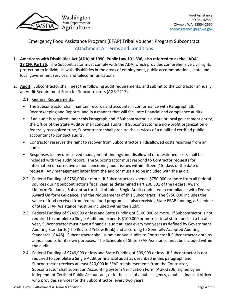 Form AGR-2213 Emergency Food Assistance Program (Efap) Tribal Voucher Program Subcontractor Information - Washington, Page 4