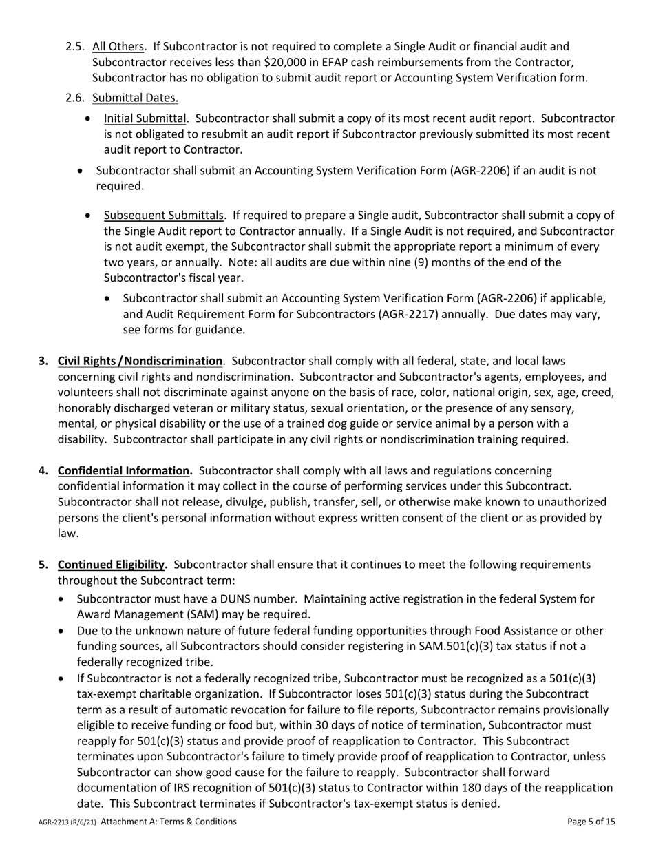 Form AGR-2213 Emergency Food Assistance Program (Efap) Tribal Voucher Program Subcontractor Information - Washington, Page 5
