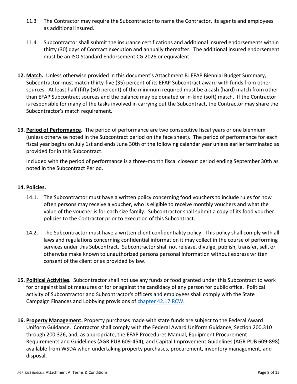 Form AGR-2213 Emergency Food Assistance Program (Efap) Tribal Voucher Program Subcontractor Information - Washington, Page 8