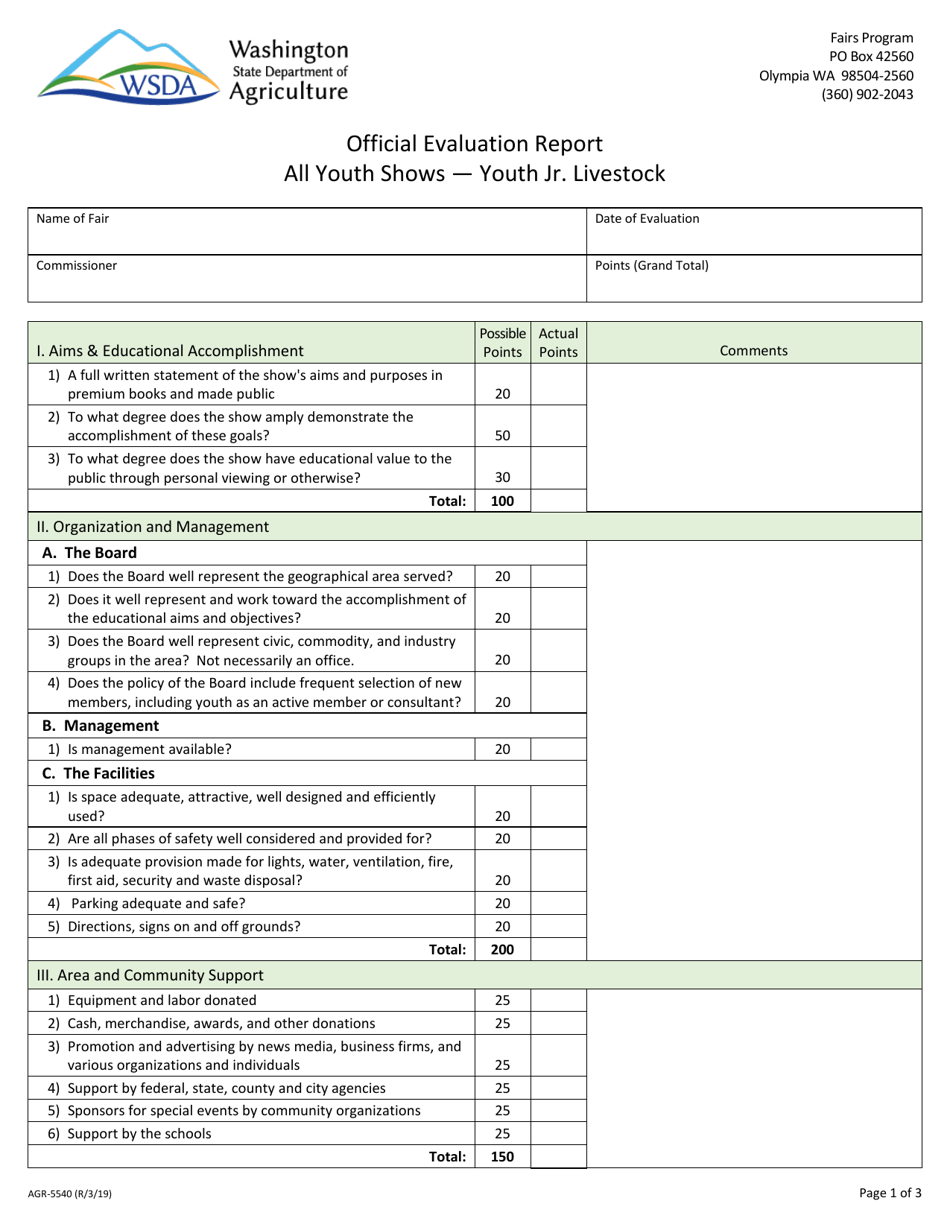 Form AGR-5540 Official Evaluation Report - All Youth Shows - Youth Jr. Livestock - Washington, Page 1