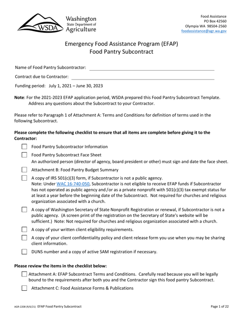 Form AGR-2208 Food Pantry Subcontract - Emergency Food Assistance Program (Efap) - Washington, 2023