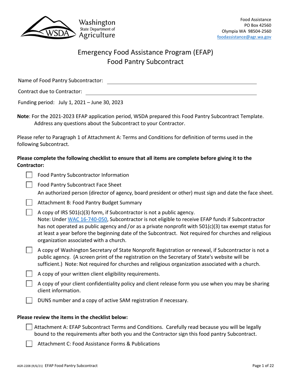 Form AGR-2208 Food Pantry Subcontract - Emergency Food Assistance Program (Efap) - Washington, Page 1
