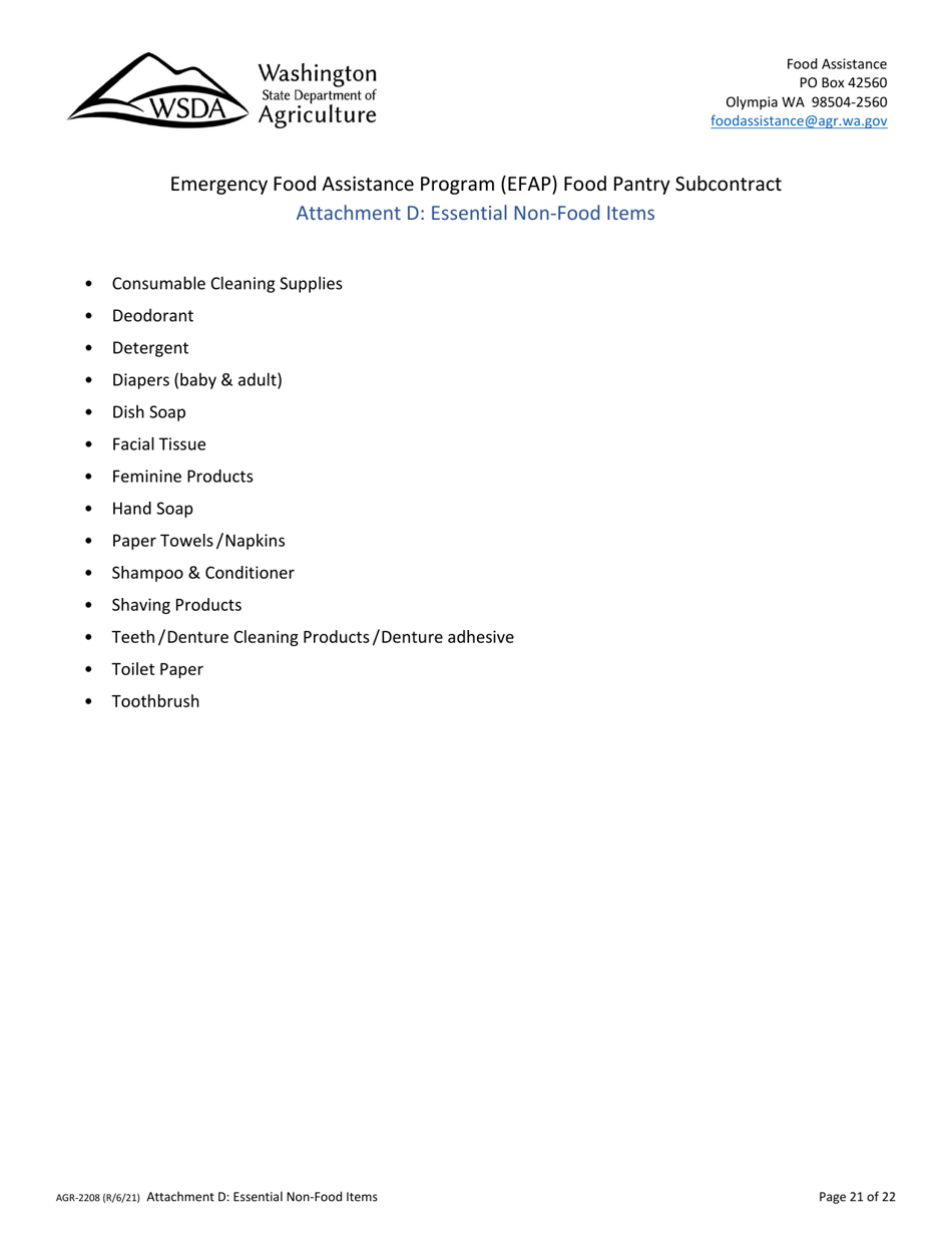 Form AGR-2208 Food Pantry Subcontract - Emergency Food Assistance Program (Efap) - Washington, Page 21