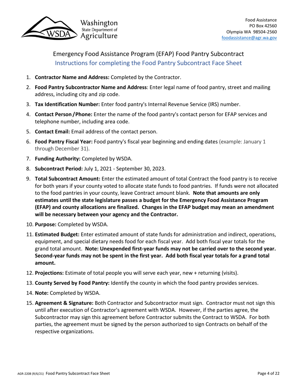 Form AGR-2208 Food Pantry Subcontract - Emergency Food Assistance Program (Efap) - Washington, Page 4