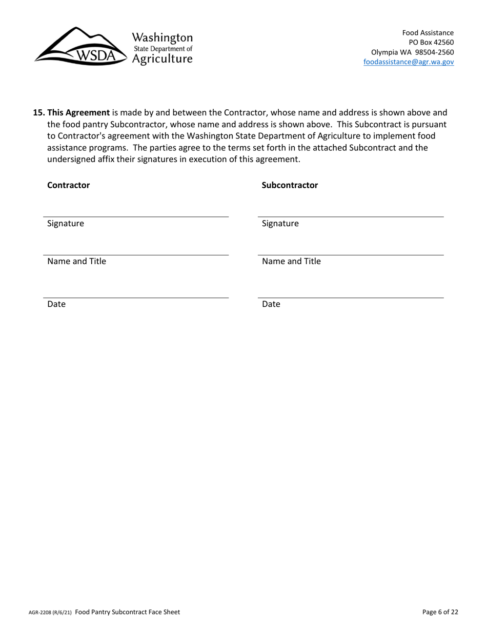 Form AGR-2208 Food Pantry Subcontract - Emergency Food Assistance Program (Efap) - Washington, Page 6