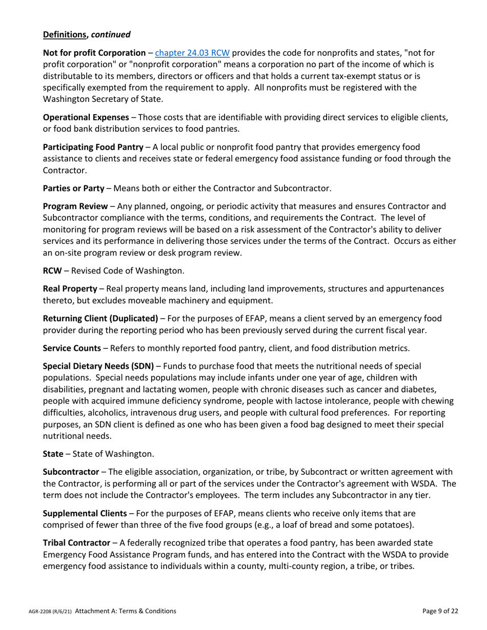 Form AGR-2208 Food Pantry Subcontract - Emergency Food Assistance Program (Efap) - Washington, Page 9