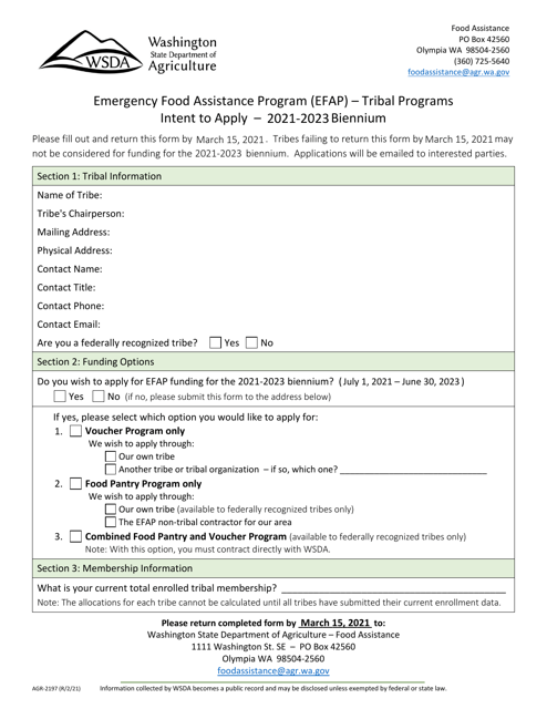 Form AGR-2197 Intent to Apply - Emergency Food Assistance Program (Efap) - Tribal Programs - Washington, 2023