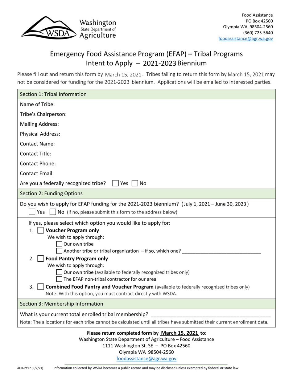 Form AGR-2197 Intent to Apply - Emergency Food Assistance Program (Efap) - Tribal Programs - Washington, Page 1