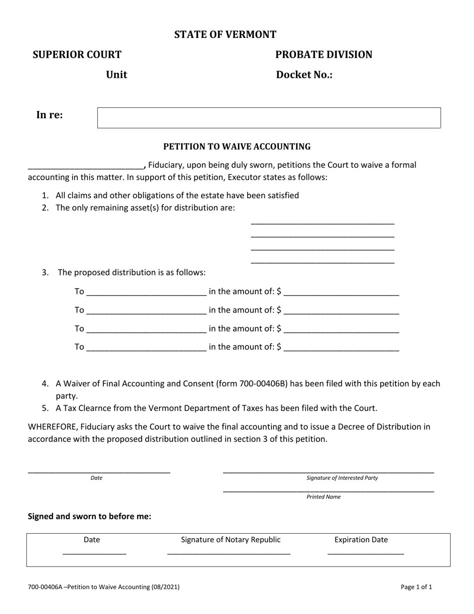 Form 700-00406A Petition to Waive Accounting - Vermont, Page 1