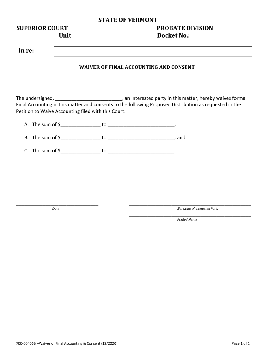 Form 700-00406B Waiver of Final Accounting and Consent - Vermont, Page 1