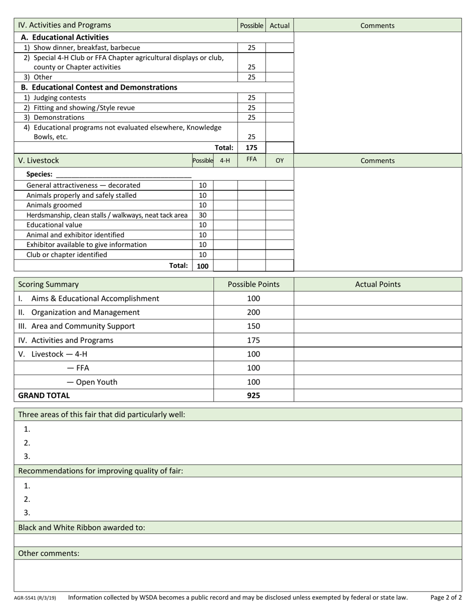 Form AGR-5541 Official Evaluation Report - All Youth Shows - Youth Single Species - Washington, Page 2