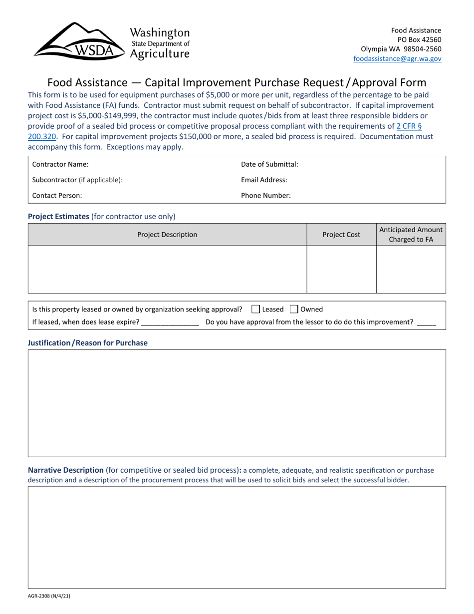 Form AGR-2308 Food Assistance - Capital Improvement Purchase Request / Approval Form - Washington, Page 1