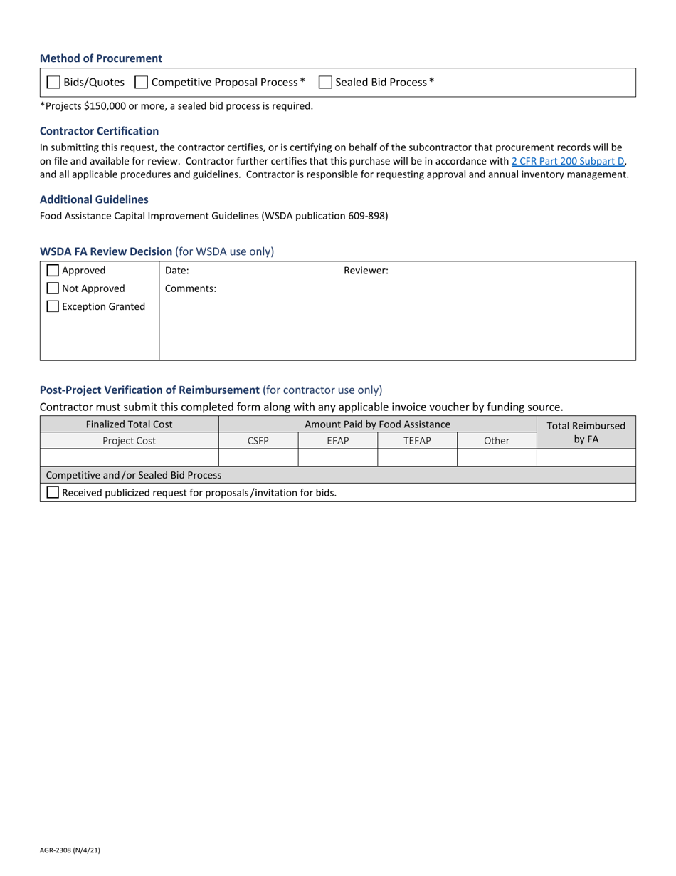 Form AGR-2308 Food Assistance - Capital Improvement Purchase Request / Approval Form - Washington, Page 2