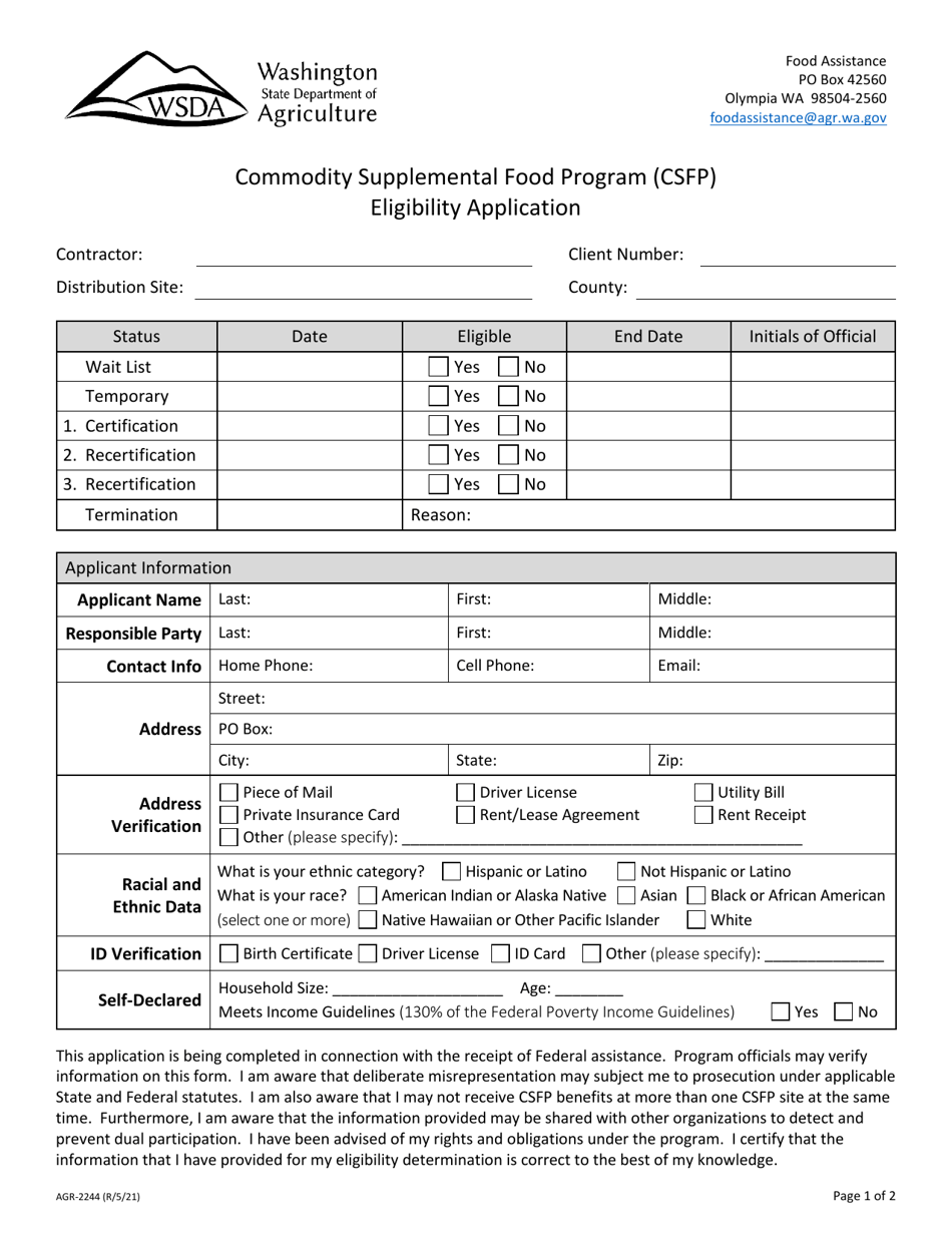 Form AGR-2244 Commodity Supplemental Food Program (Csfp) Eligibility Application - Washington, Page 1