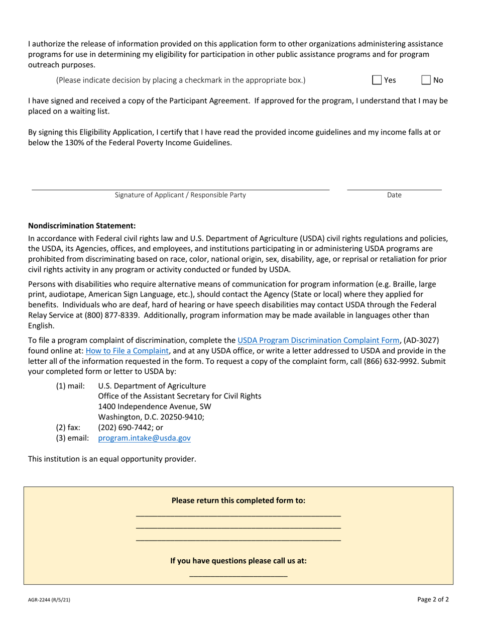 Form AGR-2244 Commodity Supplemental Food Program (Csfp) Eligibility Application - Washington, Page 2