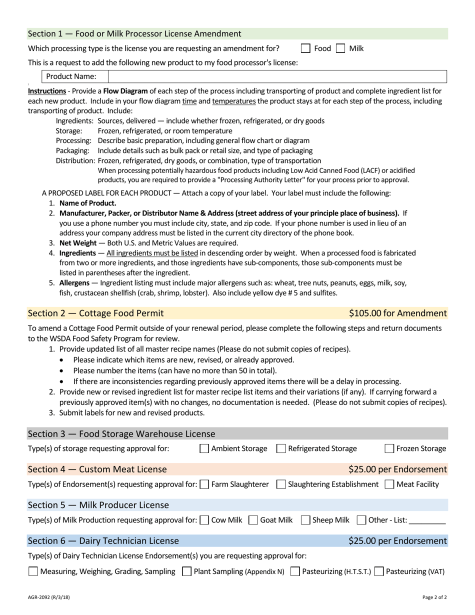 Form AGR-2092 Request for Amendment to Food Safety License or Permit - Washington, Page 2