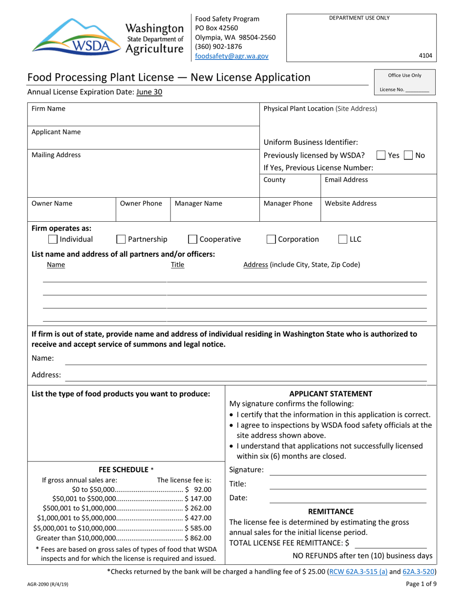Form AGR-2090 Food Processing Plant License - New License Application - Washington, Page 1