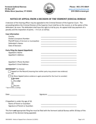 Document preview: Form 500-00430 Notice of Appeal From a Decision of the Vermont Judicial Bureau - Vermont