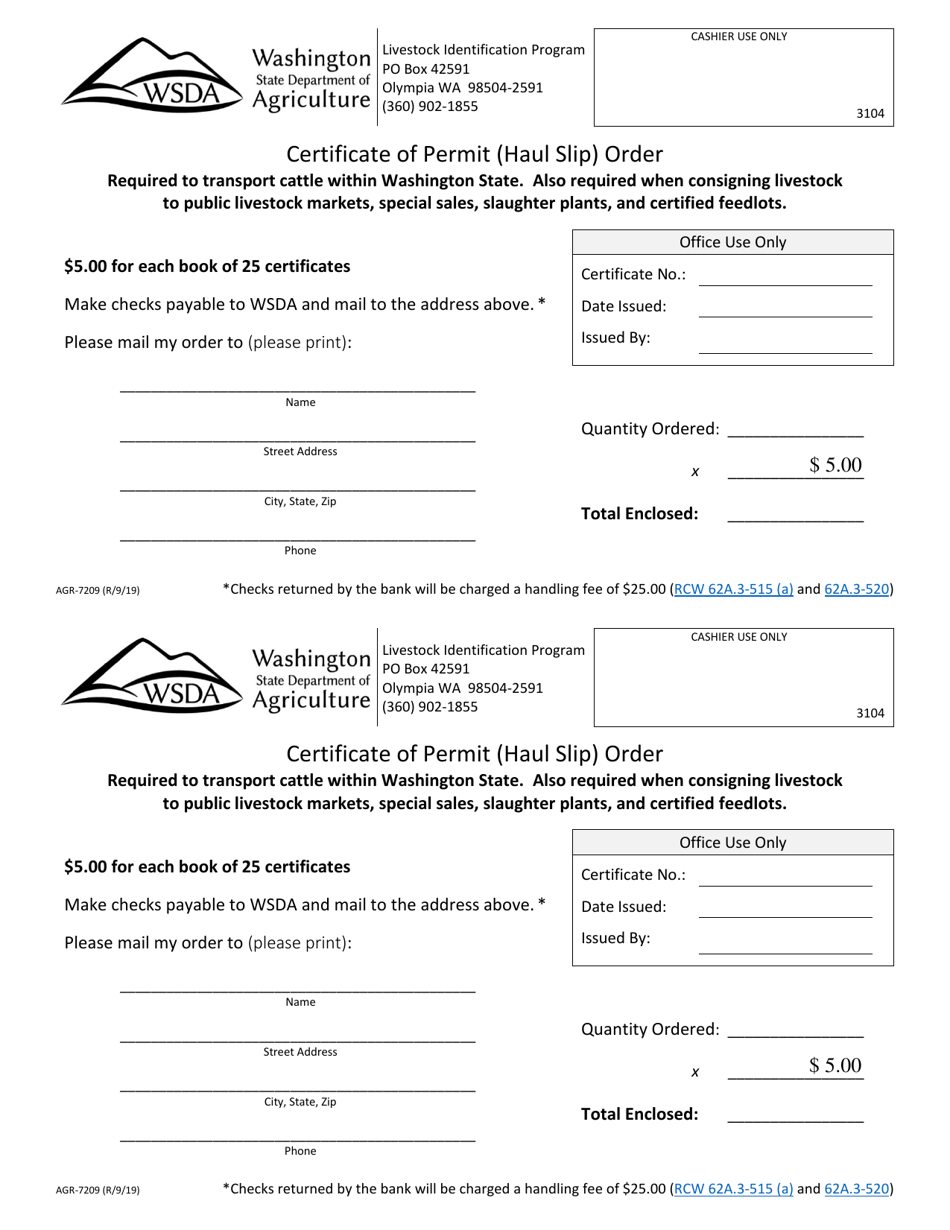 Form AGR-7209 Certificate of Permit (Haul Slip) Order - Washington, Page 1
