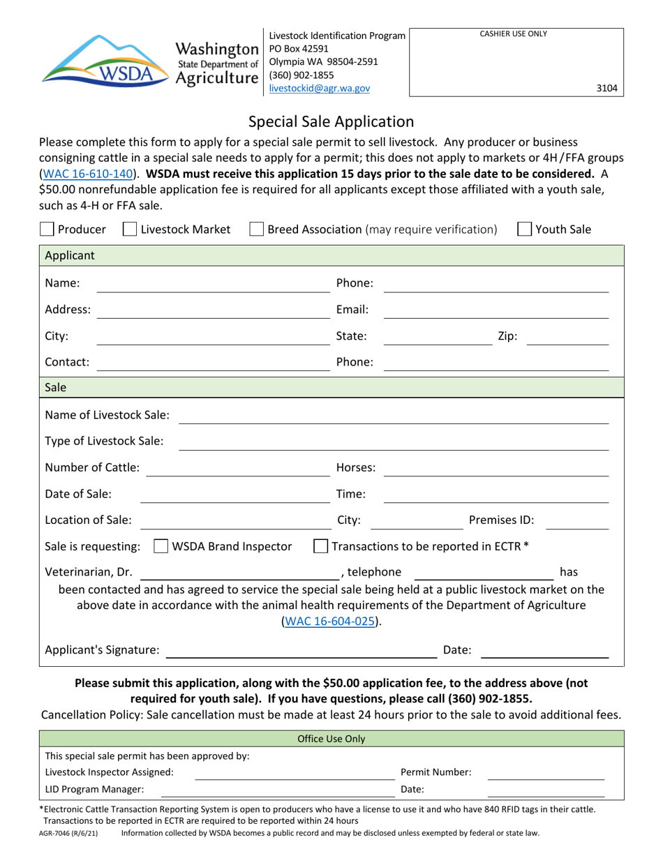 Form AGR-7046 Special Sale Application - Washington, Page 1