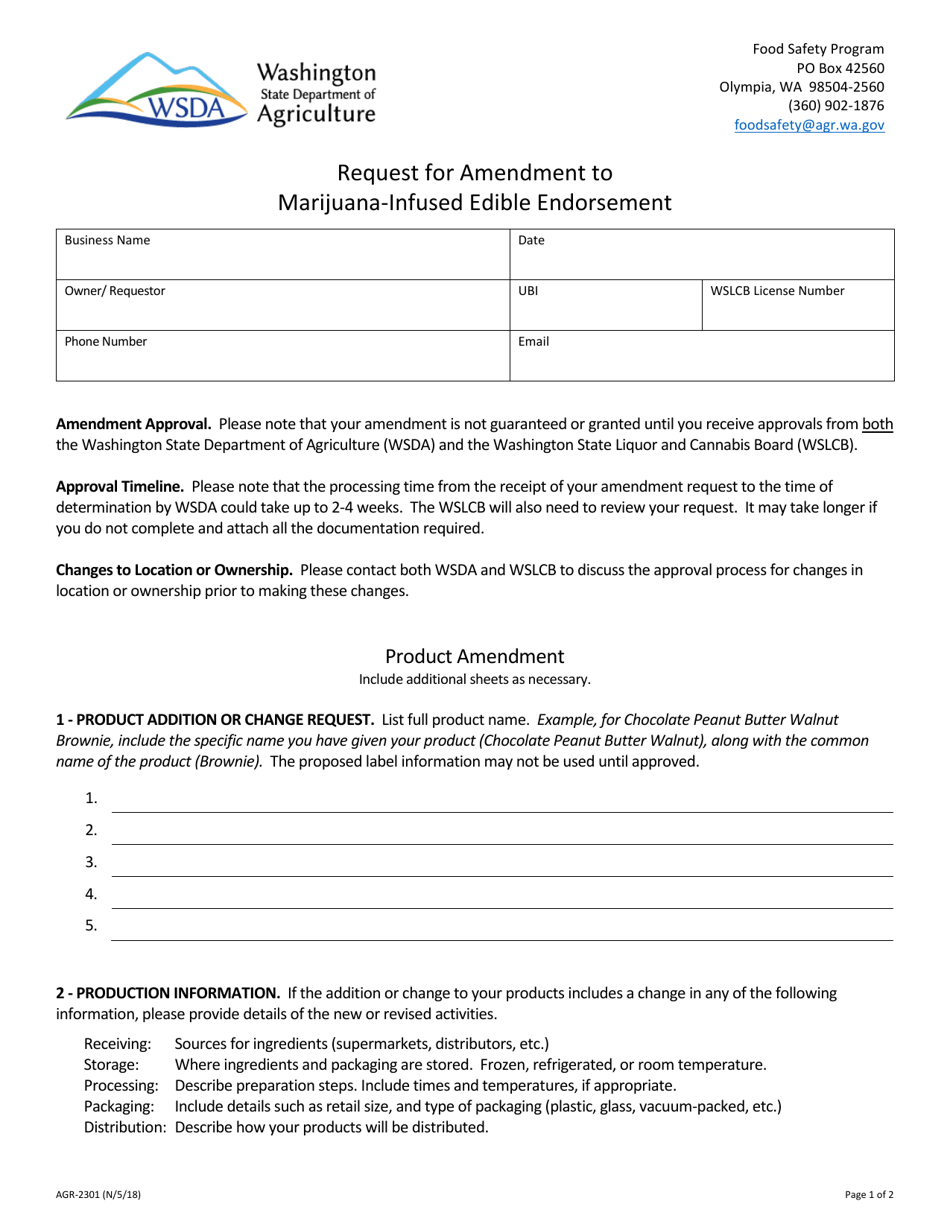 Form AGR-2301 Request for Amendment to Marijuana-Infused Edible Endorsement - Washington, Page 1