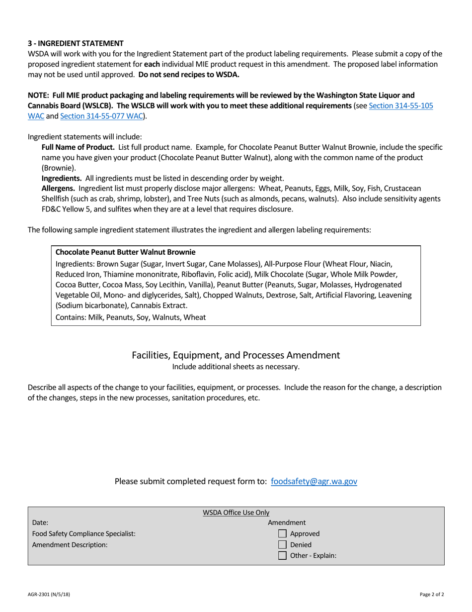 Form AGR-2301 Request for Amendment to Marijuana-Infused Edible Endorsement - Washington, Page 2