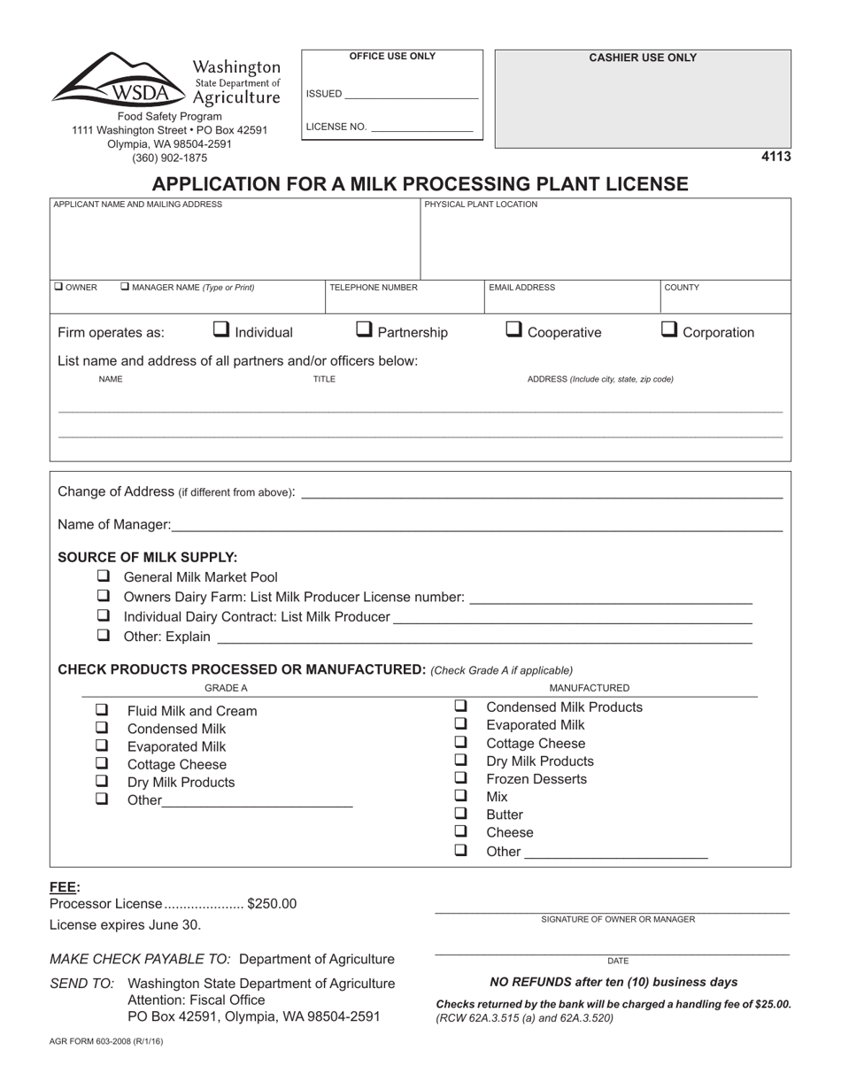 AGR Form 603-2008 Application for a Milk Processing Plant License - Washington, Page 1