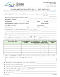 AGR Form 4226 Pesticide Application Record (Single Application) - Washington