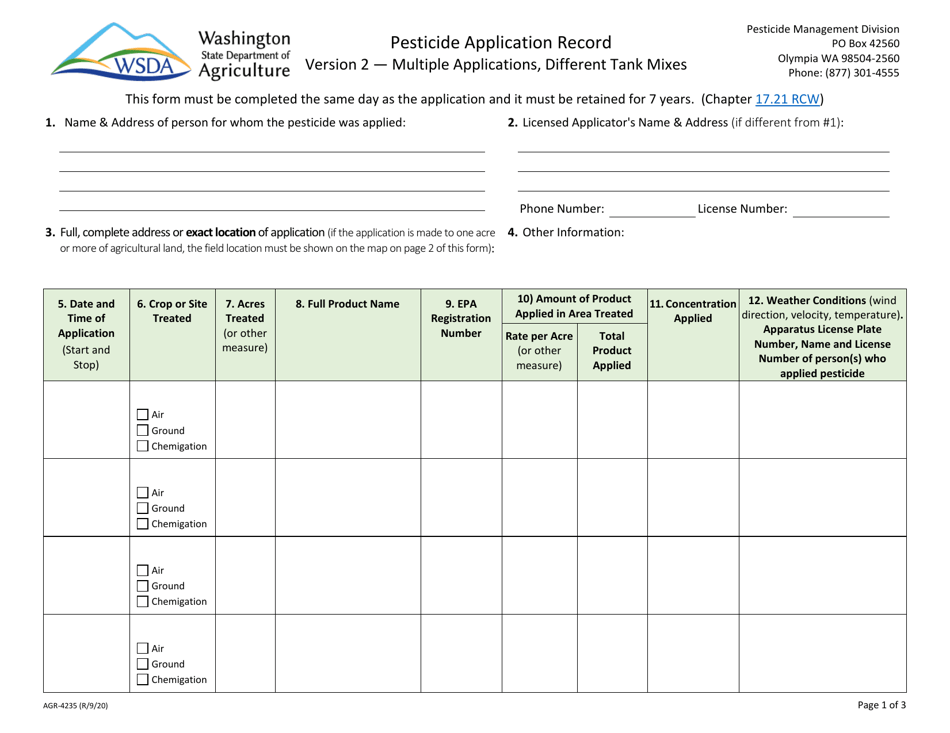 AGR Form 4235 Pesticide Application Record - Multiple Applications / Different Tank Mixes - Washington, Page 1