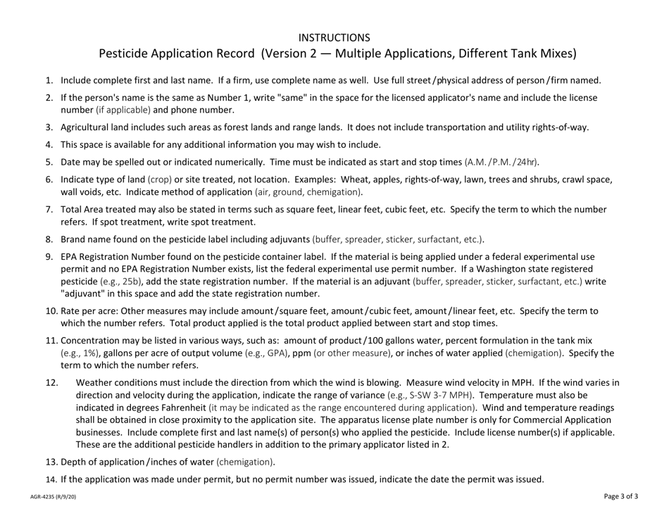 AGR Form 4235 Pesticide Application Record - Multiple Applications / Different Tank Mixes - Washington, Page 3