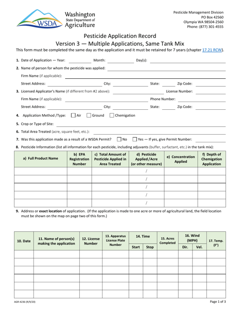 AGR Form 4236 Pesticide Application Record - Multiple Applications/Same Tank Mix - Washington