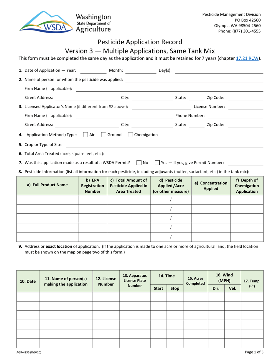 AGR Form 4236 Pesticide Application Record - Multiple Applications / Same Tank Mix - Washington, Page 1