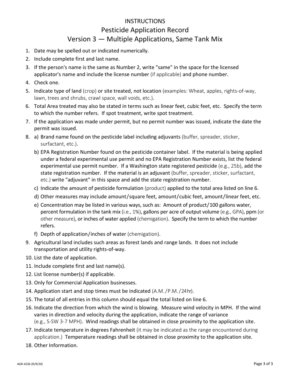 AGR Form 4236 Pesticide Application Record - Multiple Applications / Same Tank Mix - Washington, Page 3
