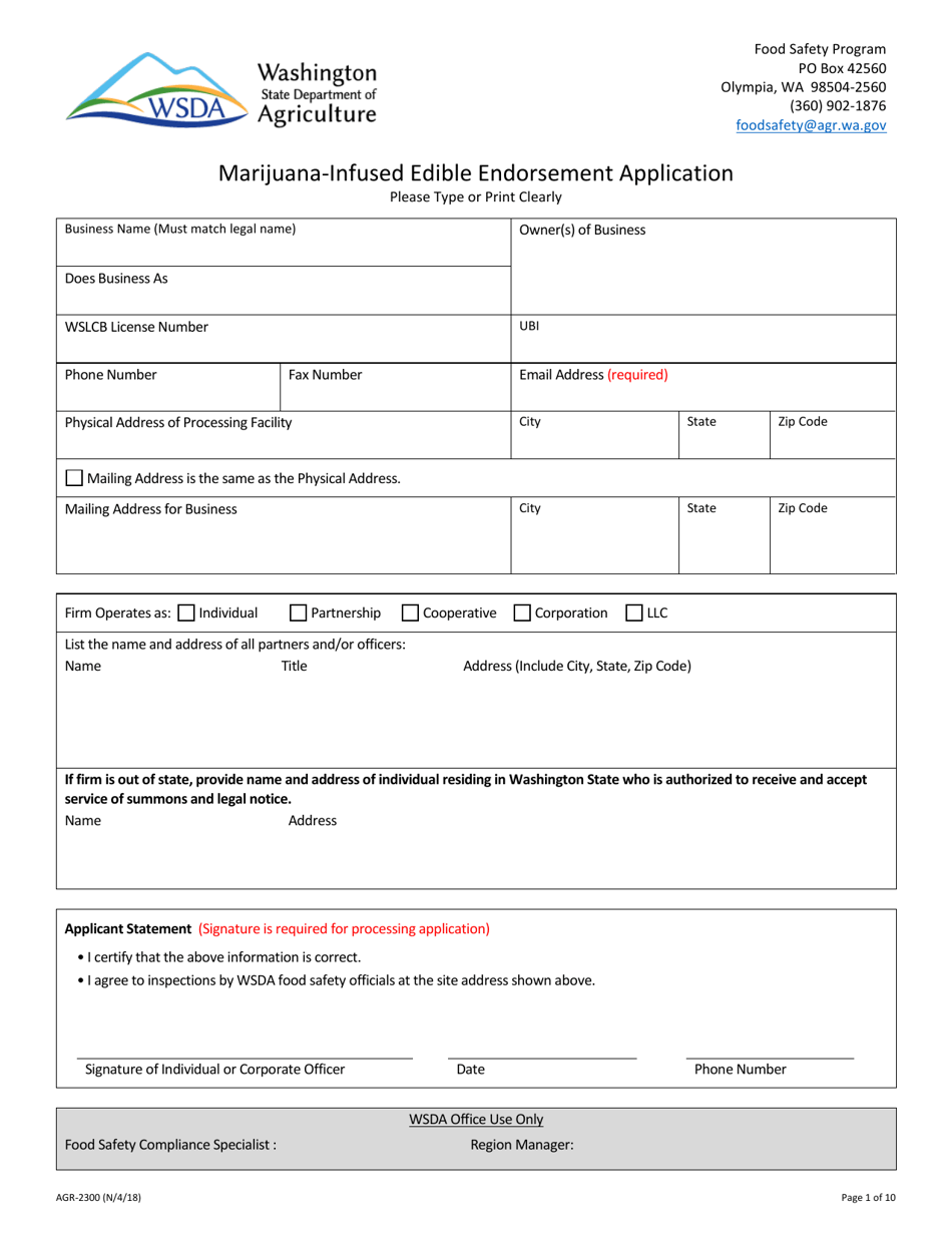 AGR Form 2300 Marijuana-Infused Edible Endorsement Application - Washington, Page 1
