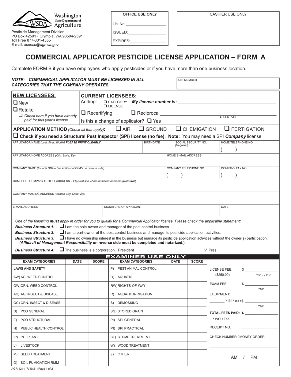 AGR Form 4241 (A) Commercial Applicator Pesticide License Application - Washington, Page 1