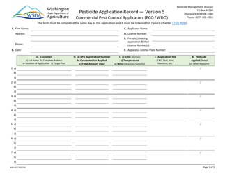 Document preview: AGR Form 4237 Pesticide Application Record - Version 5 - Commercial Pest Control Applicators - Washington