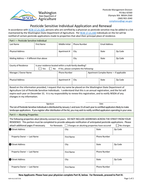 Form AGR-4112 Pesticide Sensitive Individual Application and Renewal - Washington