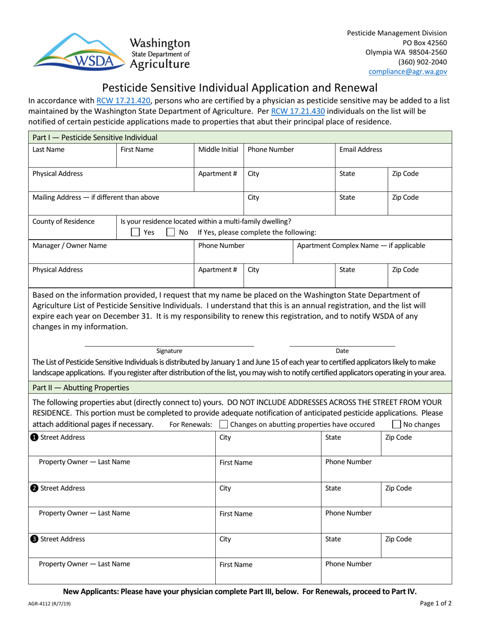 Form AGR-4112 Pesticide Sensitive Individual Application and Renewal - Washington, Page 1