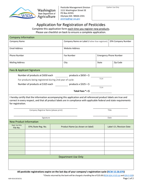 AGR Form 4216 Application for Registration of Pesticides - Washington
