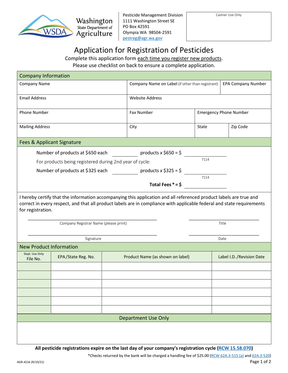 AGR Form 4216 Application for Registration of Pesticides - Washington, Page 1
